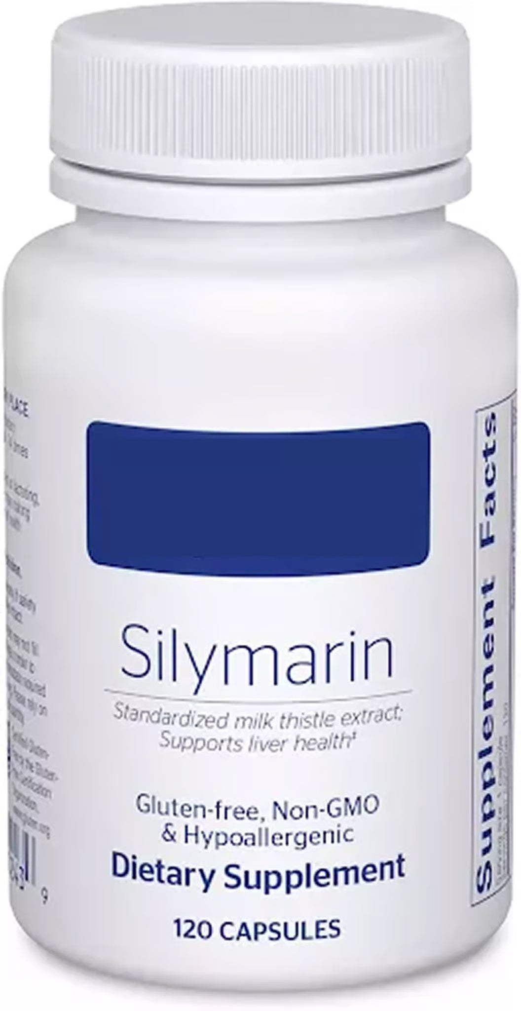 A white bottle of Silymarin dietary supplement, containing 120 capsules.